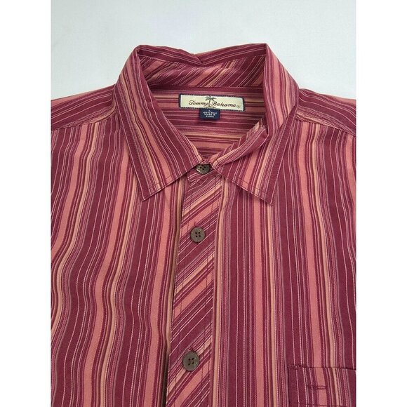 Tommy Bahama Size Large Mens Maroon Salmon Tan Stripe Logo Tag Silk L/S Shirt - Picture 10 of 10